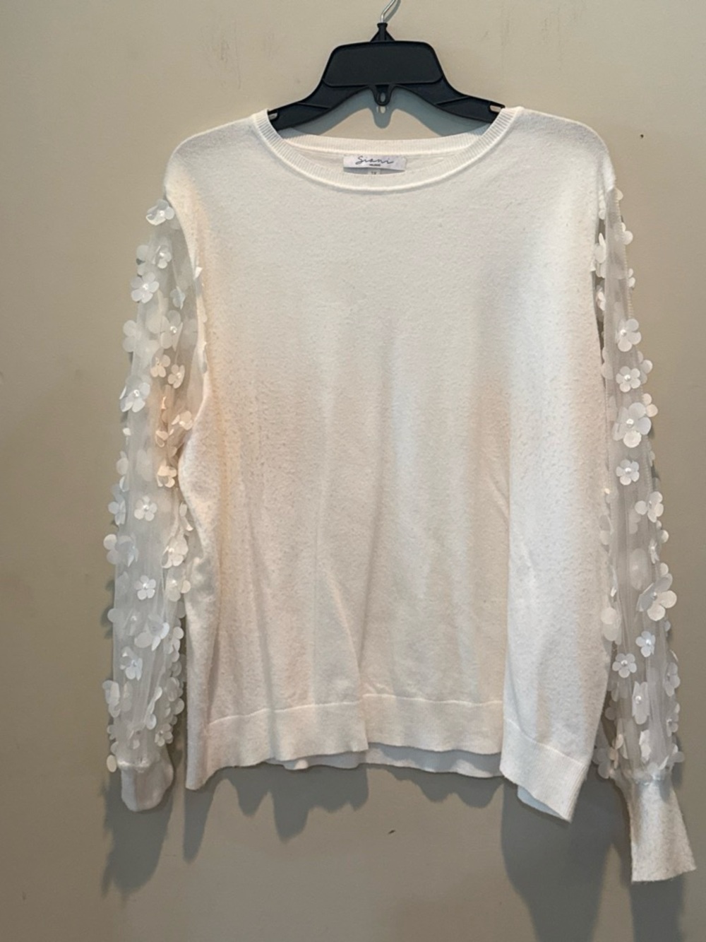 Sioni White Knit Sweater with 3D Floral Mesh Sleeves